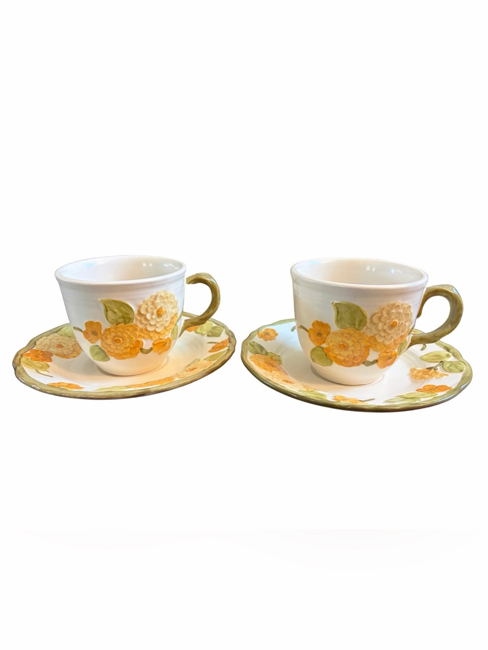 Vintage Mid-Century Metlox Poppytrail Sculptured Zinnia Cup & Saucer Set of (4)